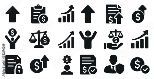 Business growth solid icons set – finance, success, economic progress symbols
