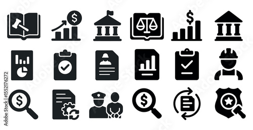 Law and finance solid icons set – filled, justice, legal and banking symbols