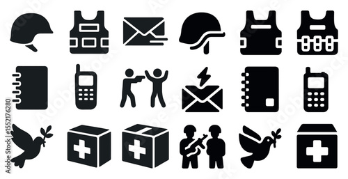 Military communication solid icons set – silhouette, outline, army and defense symbols