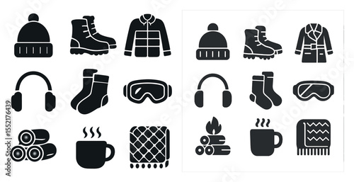 Winter clothing solid icons set – warm, filled, cozy attire graphics