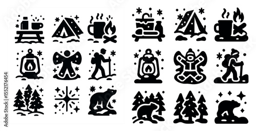 Camping and hiking silhouette icons set – solid, filled, outdoor adventure symbols