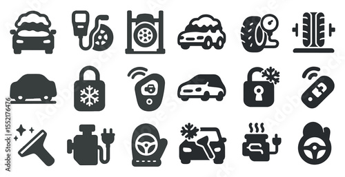 Winter car care icons set – solid, filled, vehicle maintenance symbols
