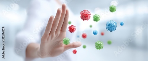 The hand demonstrates protection against harmful viruses in a clean environment.