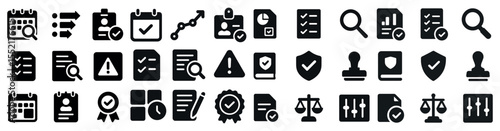 Business and productivity solid icons set – task management, workflow, analytics