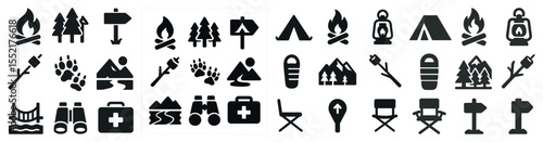 Outdoor adventure silhouette icons set – camping, hiking, wilderness symbols