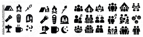 Camping and social gathering solid icons set – silhouette, filled, outdoor activities