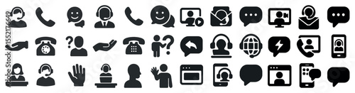 Customer support solid icons set – silhouette, communication, helpline symbols