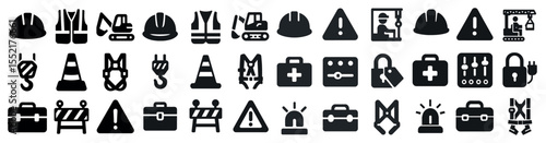Construction and safety solid icons set – filled, caution, industrial symbols