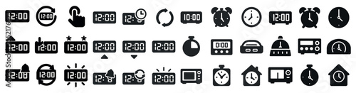Clock and timer silhouette icons set – solid, filled, time management symbols