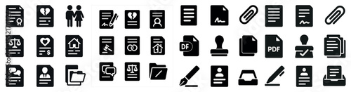 Legal and office solid icons set – filled, document and work symbols