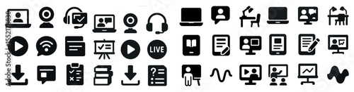 Video conference solid icons set – silhouette, filled, remote meeting tools