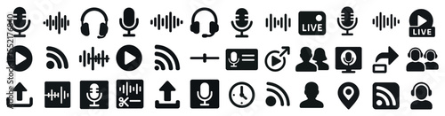 Podcast and streaming solid icons set – silhouette, filled, online broadcasting symbols