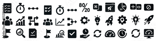 Business and productivity icons set – solid, filled, tools and efficiency graphics