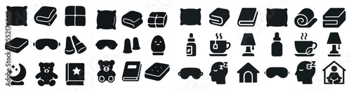 Nighttime and sleep silhouette icons set – bedtime, relaxation, dream symbols