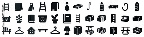 Home and bathroom silhouette icons set – solid, filled, household and storage symbols