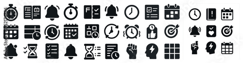 Time management solid icons set – filled, calendar, deadline tracking symbols