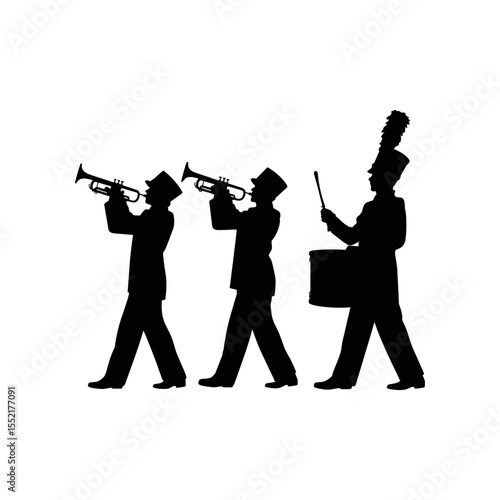Marching Band Silhouette: Three silhouetted figures, two trumpet players and a drummer, march in unison, their instruments and posture conveying the rhythm and energy of a parade.