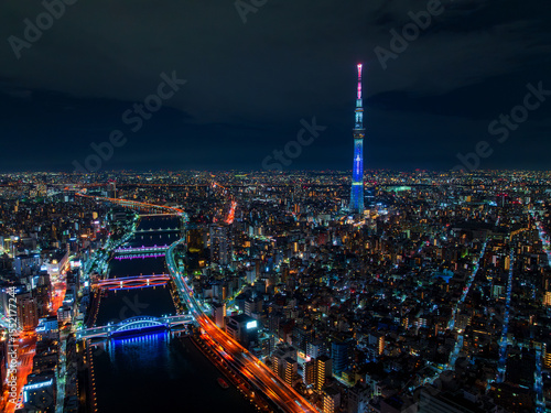 Aerial view Tokyo at night with river