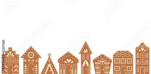 Gingerbread Houses Border. Christmas and New Year Cookies Background. Festive Homemade Bakery Banner. 