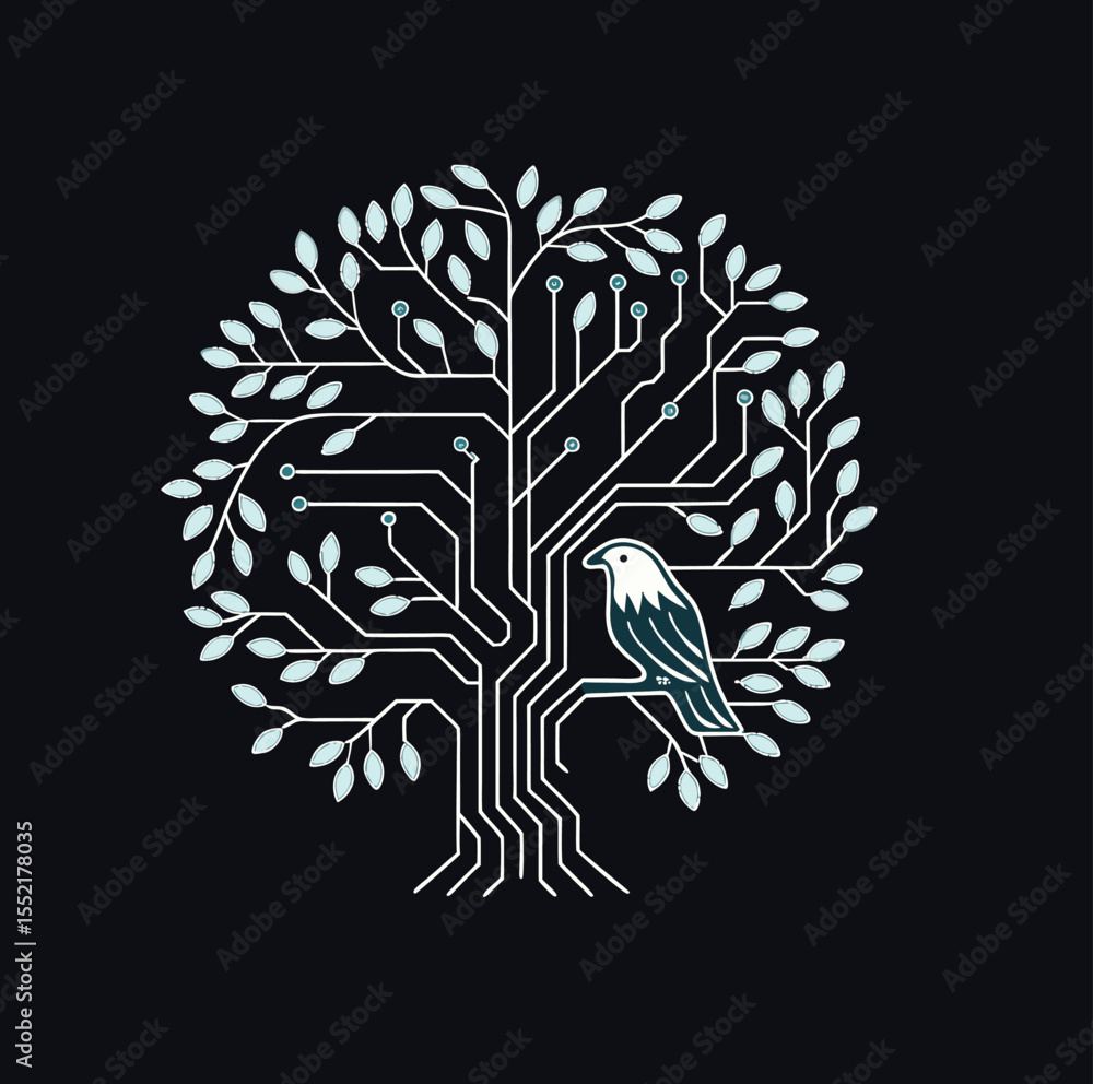 Obraz premium Vector Tree Emblem Neural Circuit Branches & Highlighted Nodes