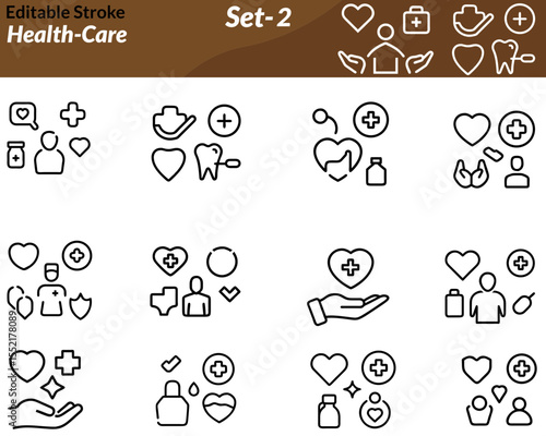 A health care icon set features vector illustrations of essential medical and wellness elements such as doctors, nurses, medical equipment, hospital buildings, heart rate monitors, pills, and patient.