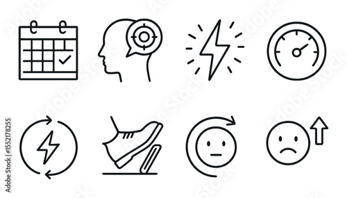 Behavioral icons set – linear, actions and habits graphical symbols collection