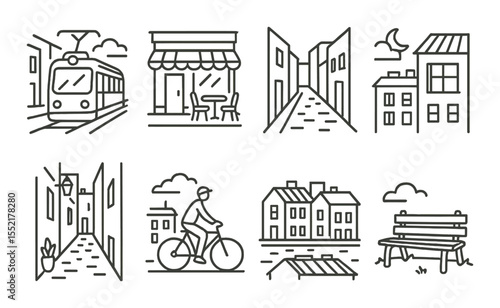 Urban life icons set – outline, cityscape and architecture design elements