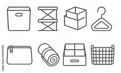 Storage solutions icons set – linear design with organization and decluttering themes