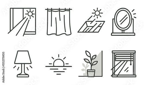Natural light icons set – outline, daylight and home decor symbols