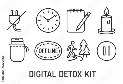 Digital detox kit icons set – outline, minimalist and essential symbol collection