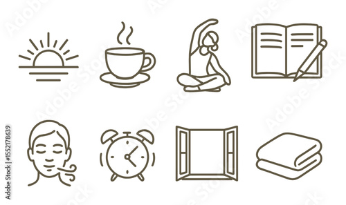 Mindful morning icons set – outline style, wellness and relaxation symbols