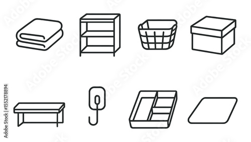 Minimalist living outline icons set – simple home organization and storage symbols