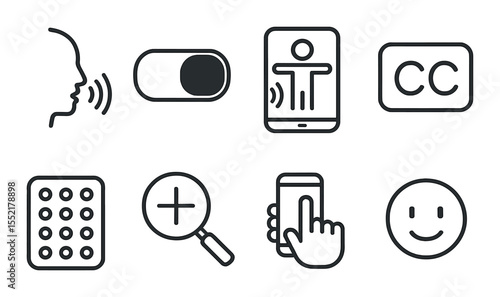 Accessible technology icons set – outline style, inclusivity and assistive symbols