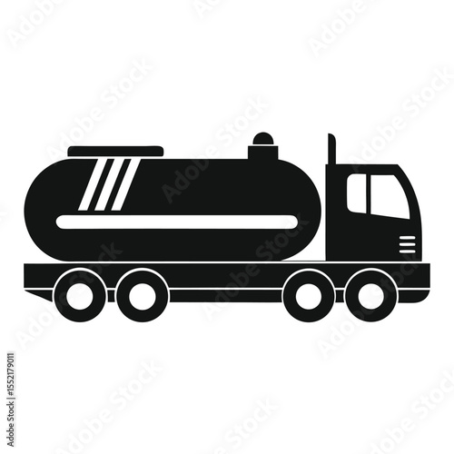 Black Silhouette of Fuel Tanker Truck with Round Tank and Multiple Wheels