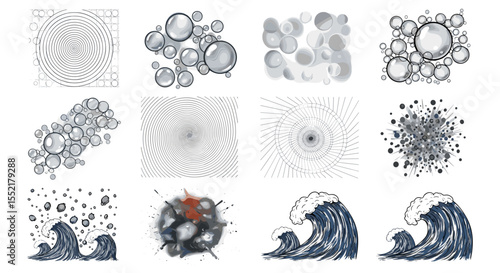 A collection of twelve artistic renderings featuring bubbles spirals and waves in black white and grey tones