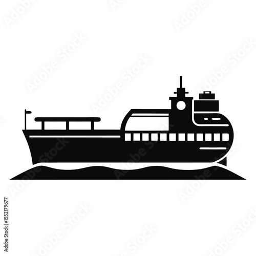 Silhouette of a Modern Cargo Ship Floating on the Water Waves, Logistics Icon