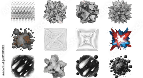 Collection of abstract designs featuring geometric shapes lines and watercolor effects in varied arrangements