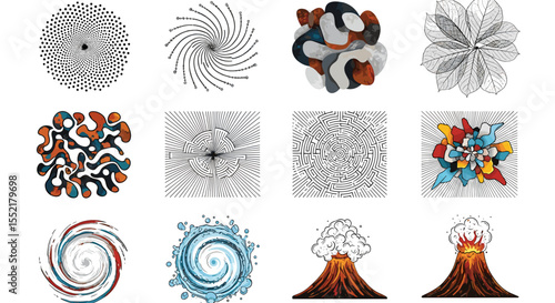 Collection of twelve diverse abstract images featuring spirals, organic shapes, and volcanic eruptions