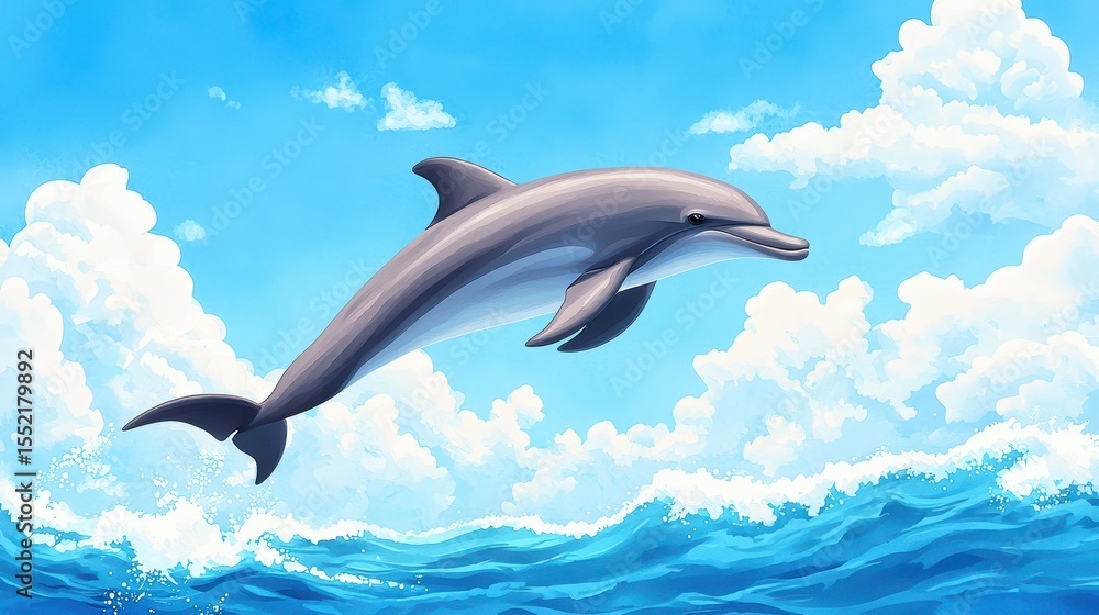 Obraz premium Graceful Dolphin Leaping Through Vibrant Ocean Waves Against a Bright Blue Sky with Fluffy White Clouds
