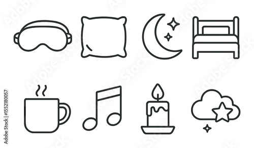 Sleep ritual icons set – outline, nighttime relaxation and bedtime symbols