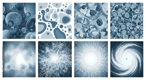 Collection of eight abstract designs featuring bubbles shapes lines and swirling vortex patterns in blue tones