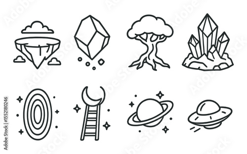 Surreal floating icons set – outline style, dreamlike and imaginative symbols