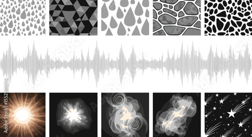 Collection of abstract patterns sound wave and light effects arranged in a grid like composition art