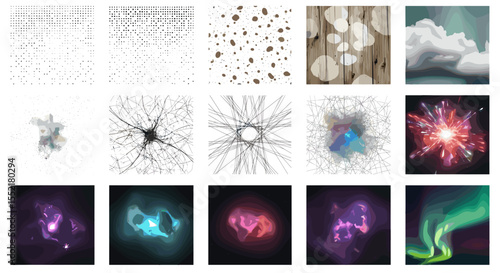 Diverse textures and abstract patterns arranged in a grid showcasing various artistic styles and effects