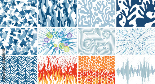 A collection of twelve abstract patterns featuring geometric shapes lines and organic forms in various colors