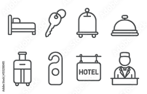 Hospitality and hotel icons set – outline, accommodation and travel symbols