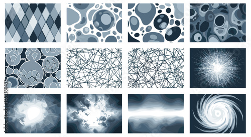 Collection of twelve abstract textures featuring geometric shapes circles lines and cloudlike patterns in grayscale