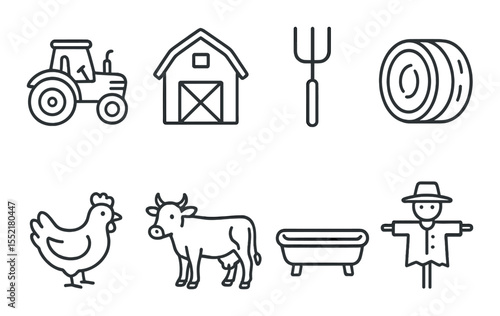 Farm life icons set – outline, agriculture and rural symbols for simple design