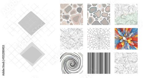 Collection of abstract textures and patterns including diamonds, lines, swirls and organic shapes