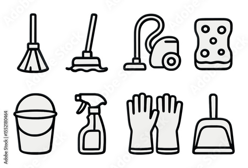 Cleaning tools icons set – outline, home maintenance and hygiene essentials